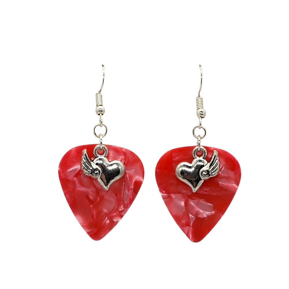 Heart with Wing Charm Guitar Pick Earrings - Choose Color - Handmade in USA